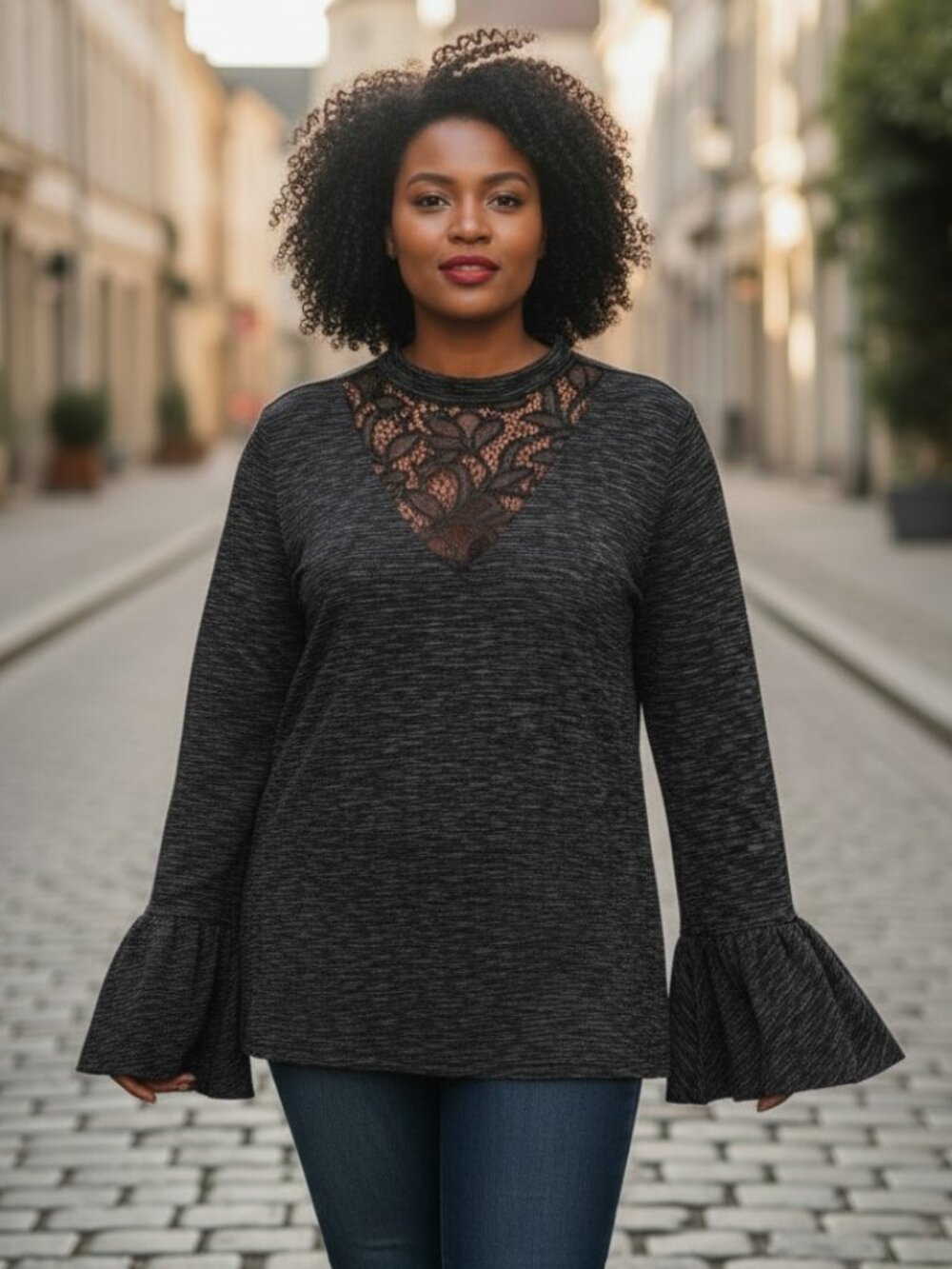Heathered Black Lace Top 2X Bell Sleeve Knit Tunic Plus Size Feminine Flowy - Picture 16 of 16